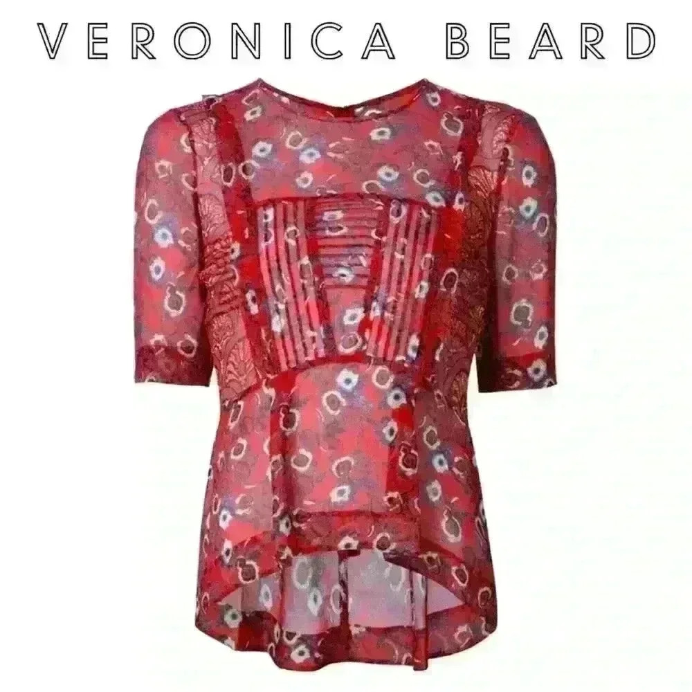 VERONICA BEARD Papyrus Pintuck Sheer Silk Chiffon Peplum Top in Rust